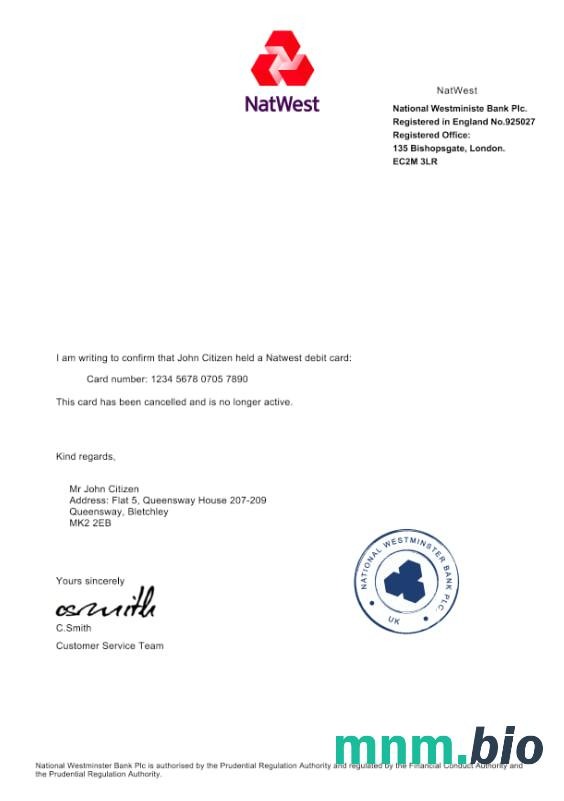 Wielka Brytania NatWest bank List Potwierdzenia Anulowania Karty Debetowej